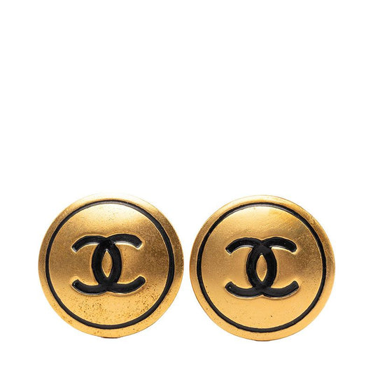 Chanel CC Logo Round Earrings Vintage Gold Black Plated