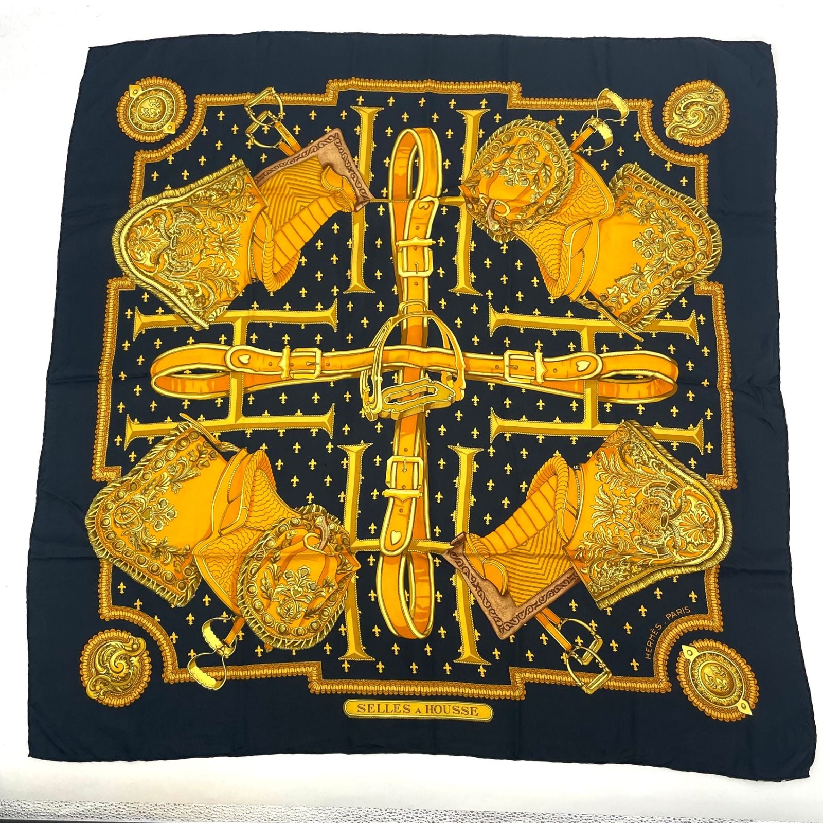 Hermes Carre 90 Selles a Housse Cover Scarf Silk Black