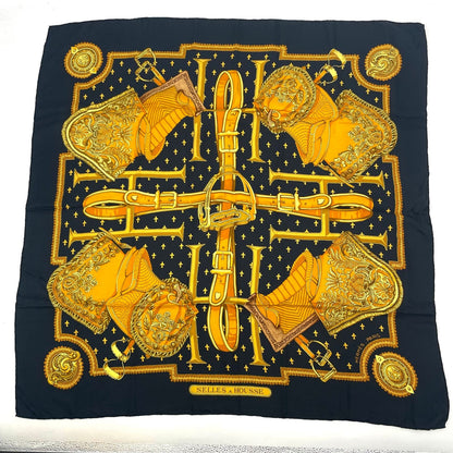 Hermes Carre 90 Selles a Housse Cover Scarf Silk Black