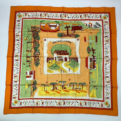 Hermes Carre 90 RE Tour a la Terre Return Silk Scarf Orange
