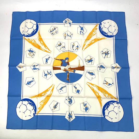 Hermes Scarf Silk Carre 90 Vive les Champions! Viva Soccer Blue