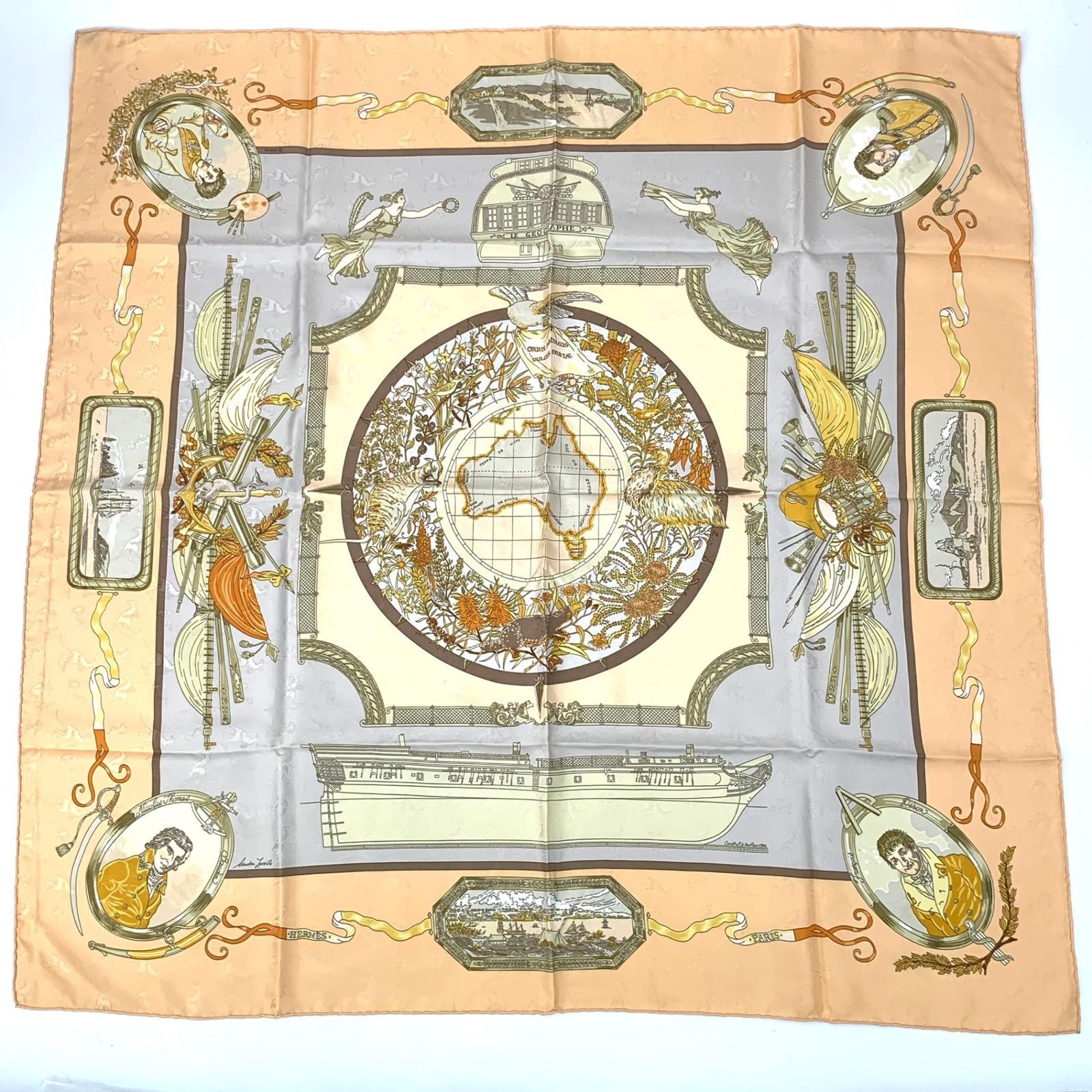 Hermes Carre 90 le Geographe Geographer Silk 100% Beige Scarf