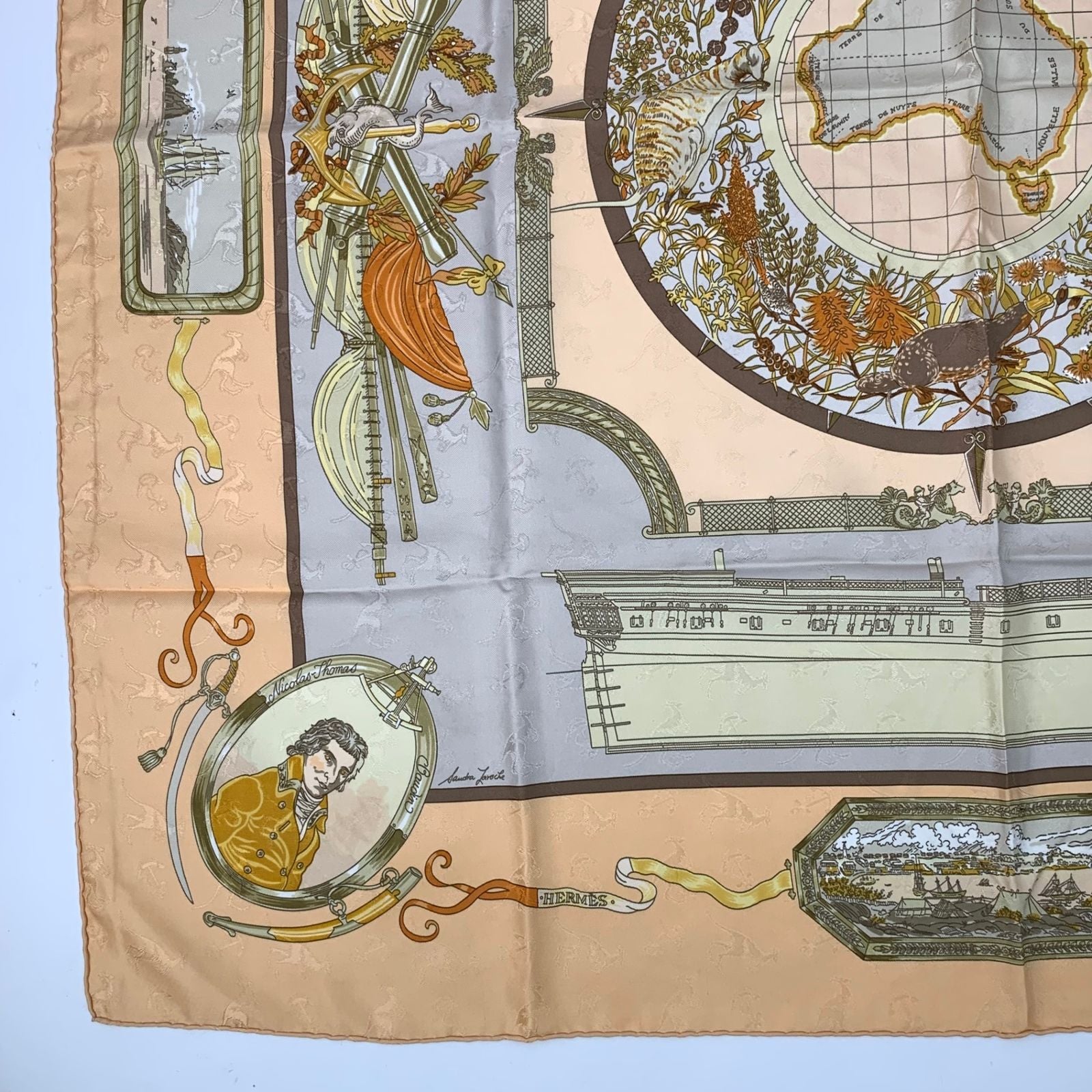 Hermes Carre 90 le Geographe Geographer Silk 100% Beige Scarf — view 4