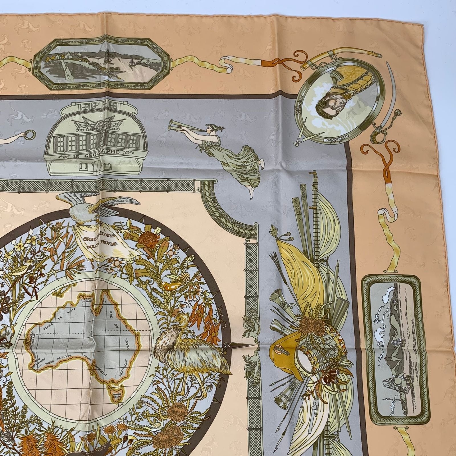 Hermes Carre 90 le Geographe Geographer Silk 100% Beige Scarf — view 3