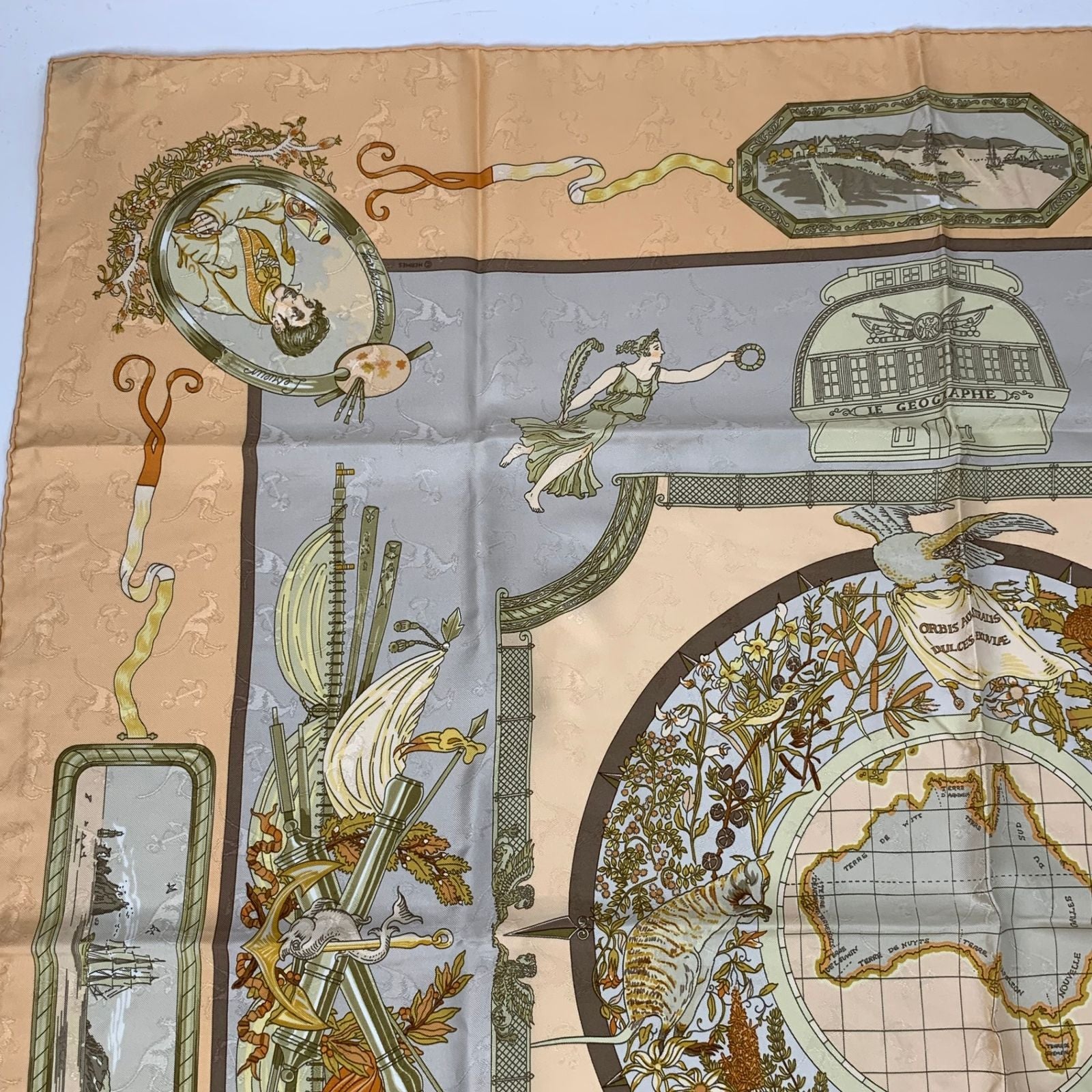 Hermes Carre 90 le Geographe Geographer Silk 100% Beige Scarf — view 2