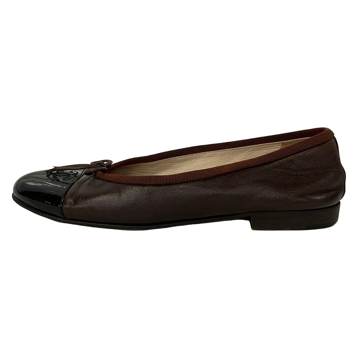 Chanel Flat Shoes 37 Dark Brown Black Ribbon Leather Lambskin
