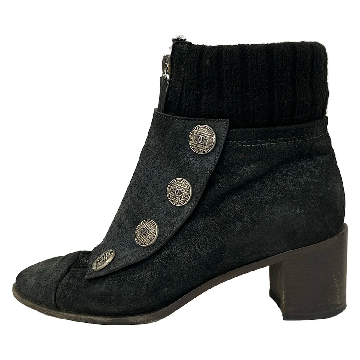 Chanel Short Boots 37 C Black Silver Wool