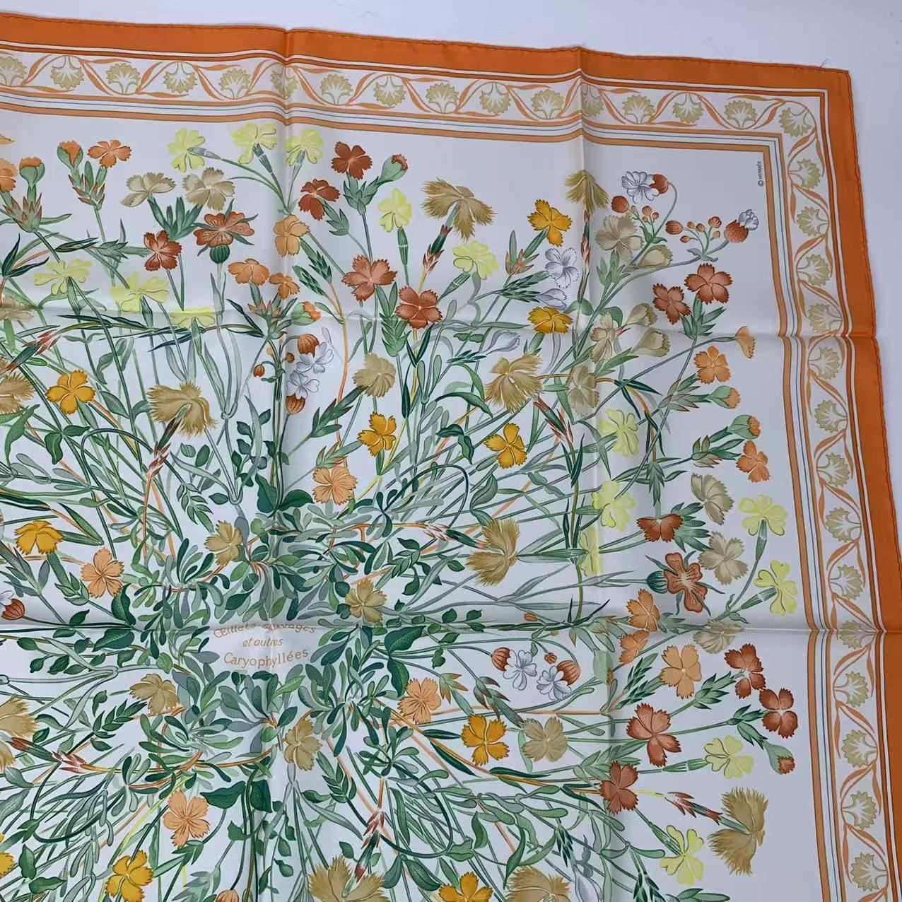 Hermes Carre 90 Wild Carnation and Dianthus Silk Scarf Orange — view 3
