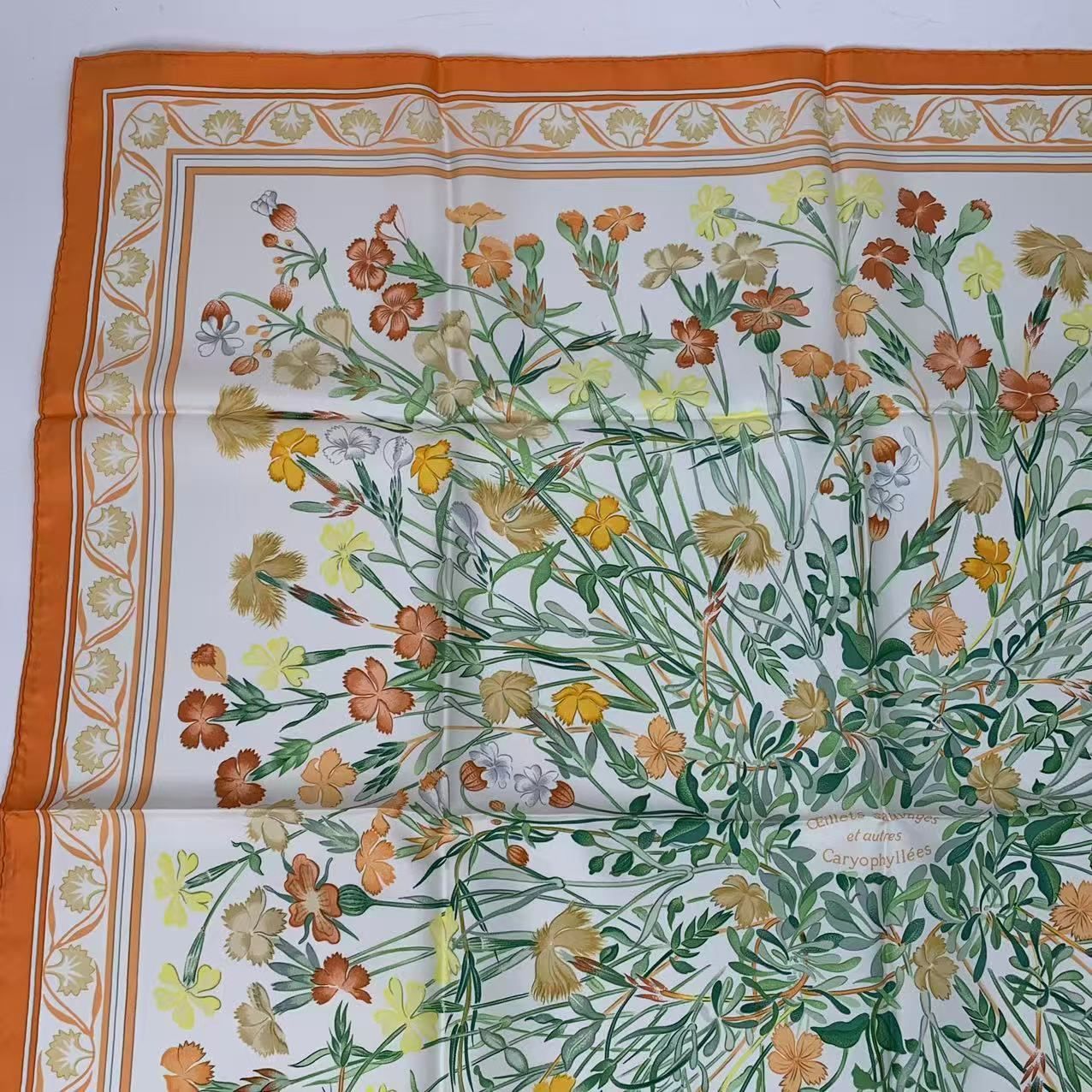 Hermes Carre 90 Wild Carnation and Dianthus Silk Scarf Orange — view 2