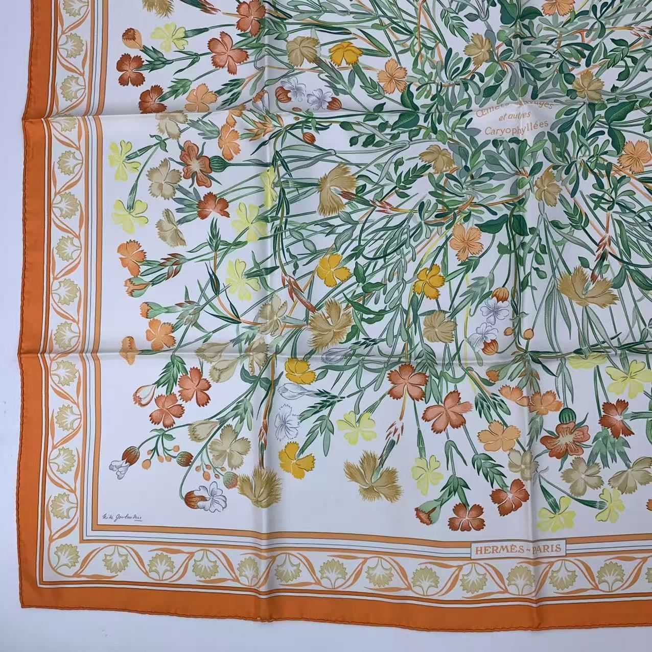 Hermes Carre 90 Wild Carnation and Dianthus Silk Scarf Orange — view 4