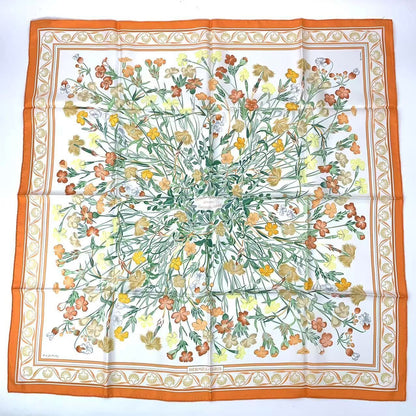 Hermes Carre 90 Wild Carnation and Dianthus Silk Scarf Orange
