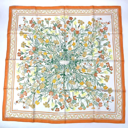 Hermes Carre 90 Wild Carnation and Dianthus Silk Scarf Orange