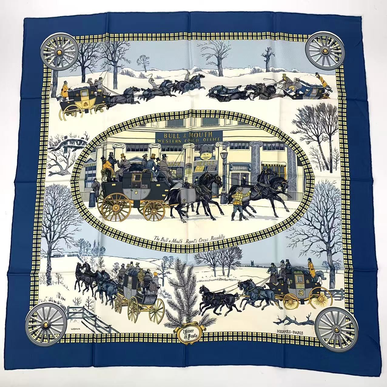 Hermes Carre 90 Mail Lhiver en Poste Scarf Silk Blue