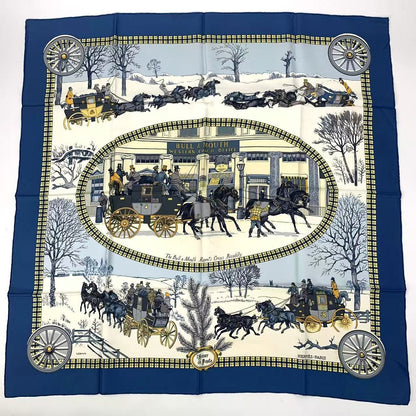 Hermes Carre 90 Mail Lhiver en Poste Scarf Silk Blue