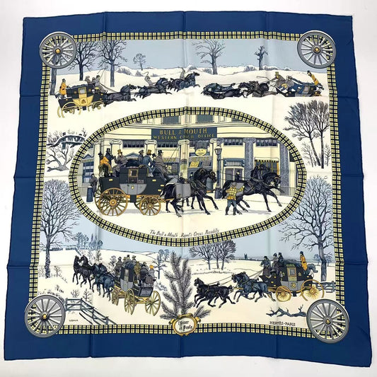 Hermes Carre 90 Mail Lhiver en Poste Scarf Silk Blue