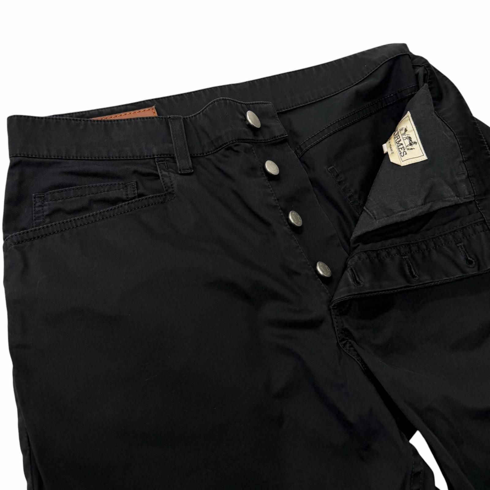 Hermes Series Button Fly Logo Leather Patch Cotton Pants Black 40 — view 3