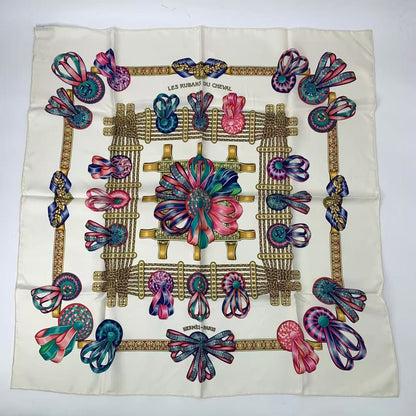 Hermes Scarf Carre 90 les Rubans du Cheval Horse Ribbon Silk White