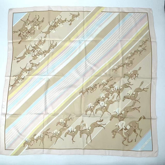 Hermes Carre 90 Lea Courses Horse Racing Silk Scarf Beige