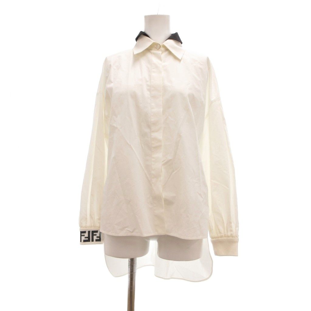Fendi Shirt Blouse 36 White Double Collar Zucca Pattern FF Logo Rib MG