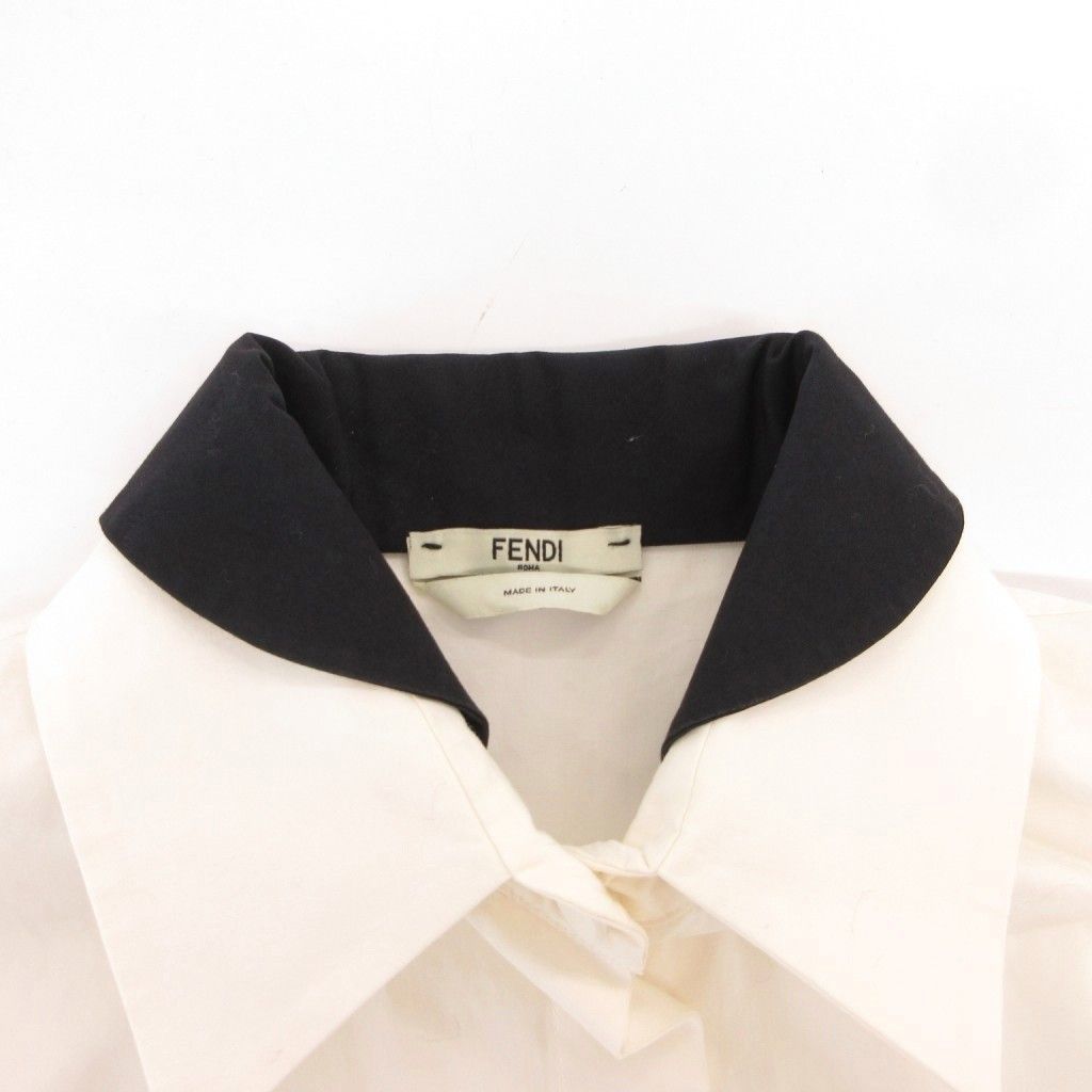 Fendi Shirt Blouse 36 White Double Collar Zucca Pattern FF Logo Rib MG — view 4