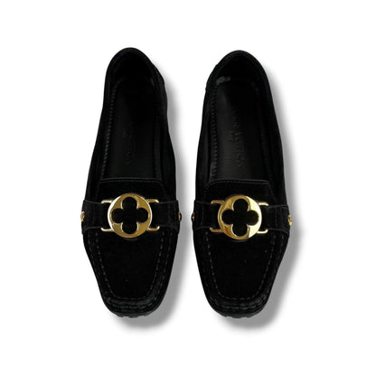 Louis Vuitton Flower Motif Loafers Driving Shoes Black Noir Suede Leather — view 4