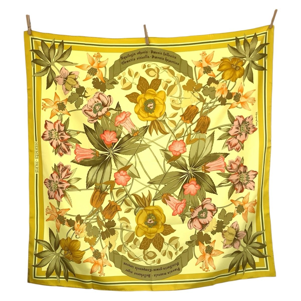 Hermes Fleurs D'hellade Carre 90 Yellow Silk Scarf