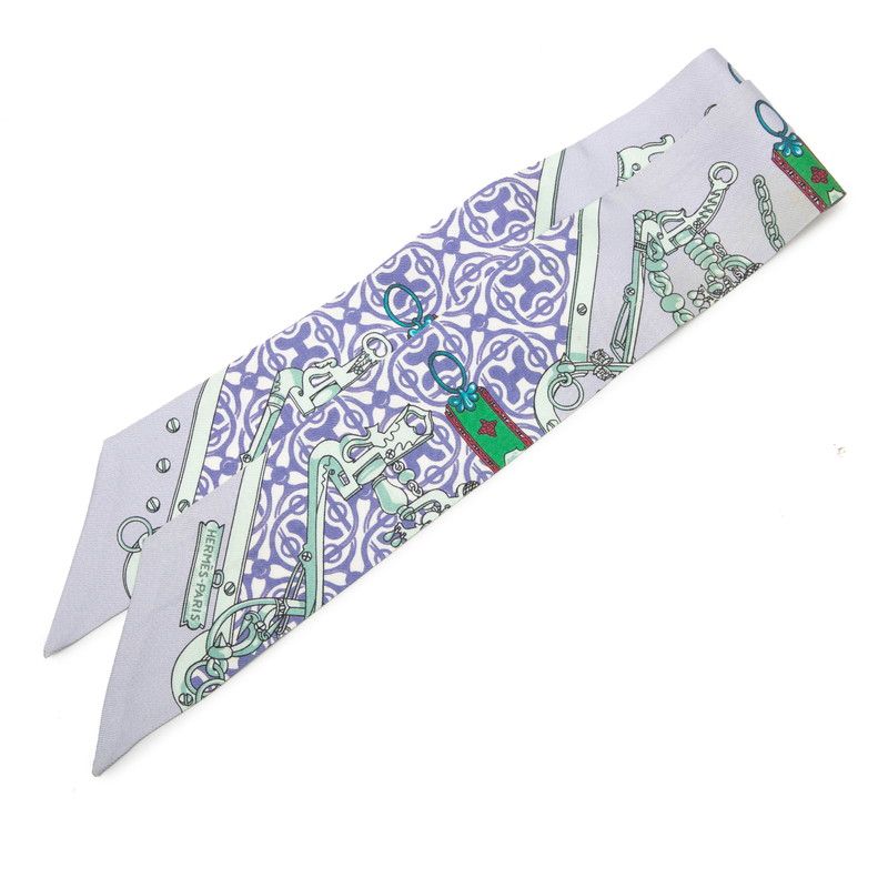 Hermes Twilly Equestrian and Chain Mors Et Gourmettes Scarf Purple Silk