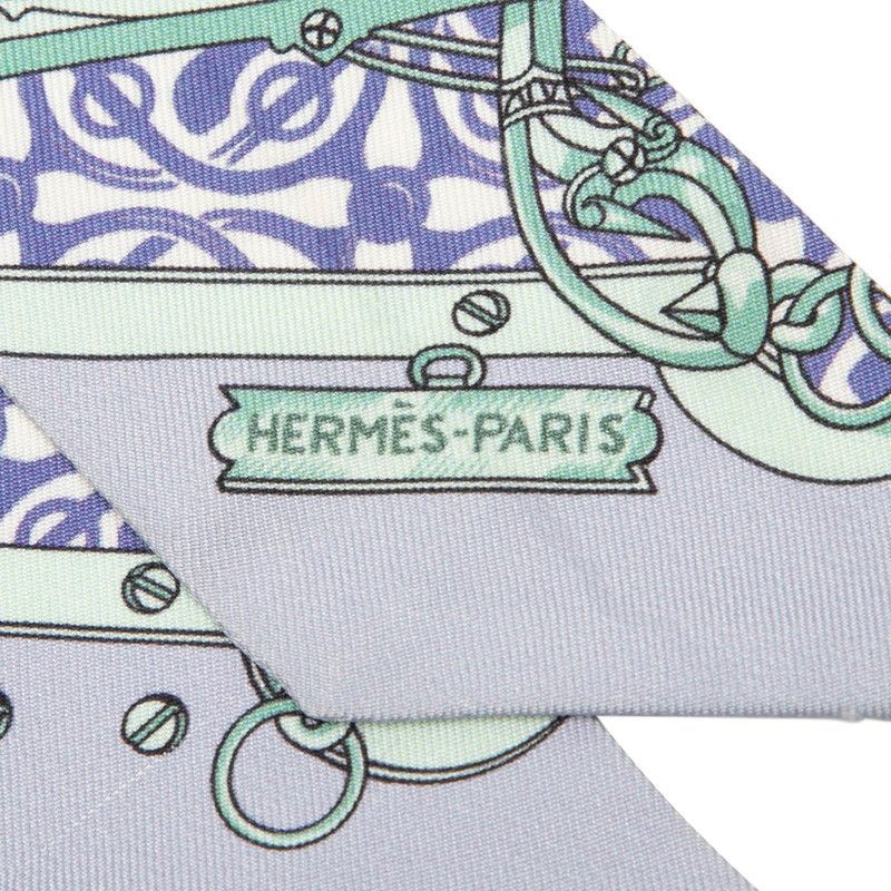 Hermes Twilly Equestrian and Chain Mors Et Gourmettes Scarf Purple Silk — view 2