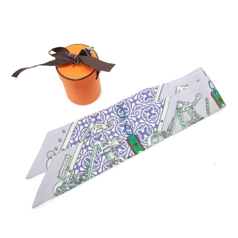 Hermes Twilly Equestrian and Chain Mors Et Gourmettes Scarf Purple Silk — view 7