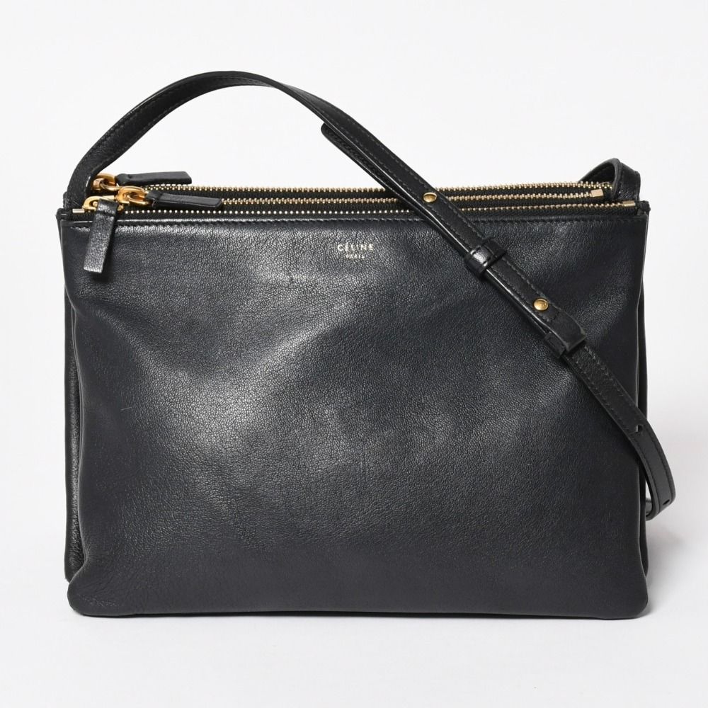 Celine Trio Shoulder Bag Clutch Black Leather Gold
