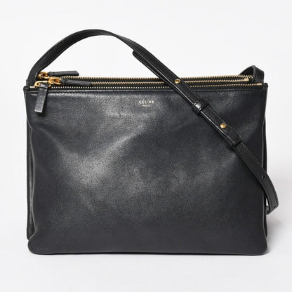 Celine Trio Shoulder Bag Clutch Black Leather Gold