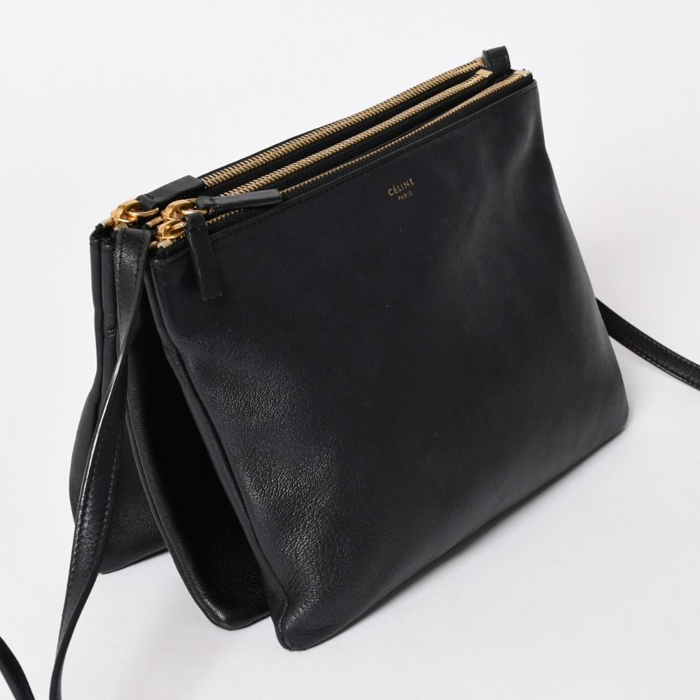 Celine Trio Shoulder Bag Clutch Black Leather Gold — view 3