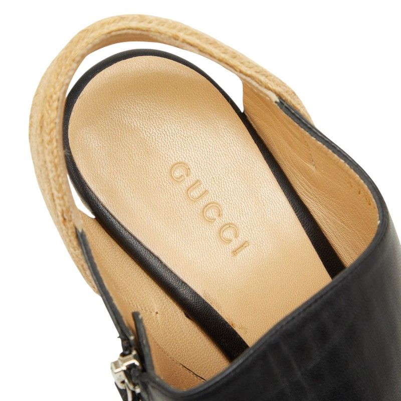 Gucci Wedge Sole Sandals 37 Beige Black Leather Wood — view 6