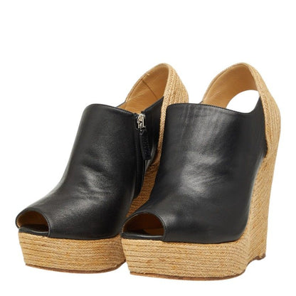 Gucci Wedge Sole Sandals 37 Beige Black Leather Wood