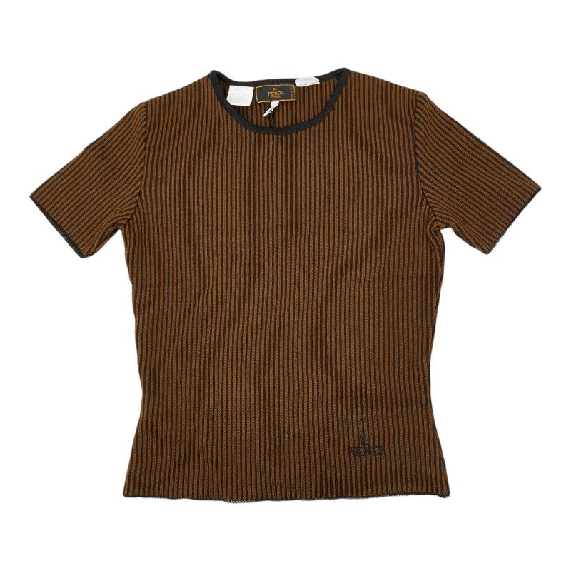 Fendi Short Sleeve Rib Knit T-Shirt 40 Black Brown Wool Rayon Viscose Sweater