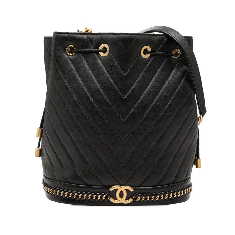 Chanel Chevron V-Stitch CC Logo Chain Shoulder Bag Black Lambskin