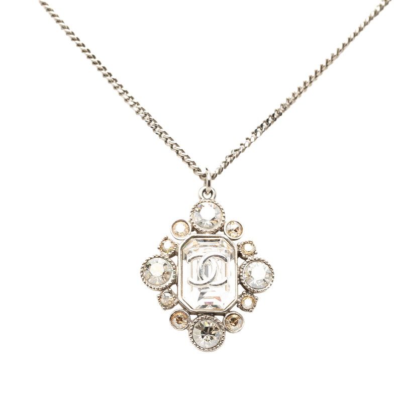 Chanel CC Logo Necklace Silver Metal Rhinestone — view 3