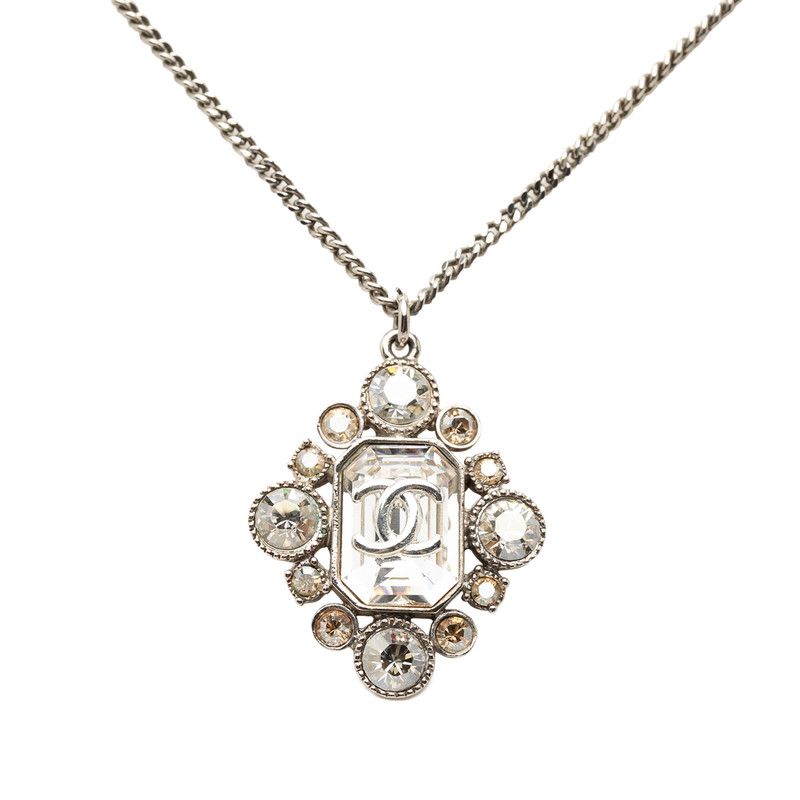 Chanel CC Logo Necklace Silver Metal Rhinestone — view 2
