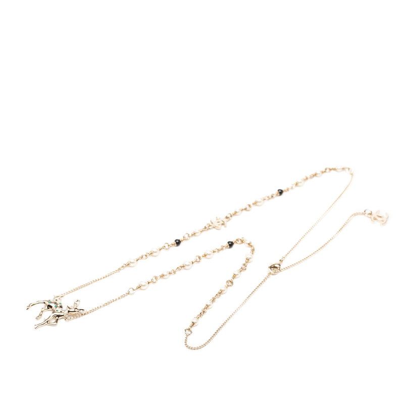 Chanel CC Logo Bambi Motif Necklace Gold Black Green Plated Faux Pearl Rhineston