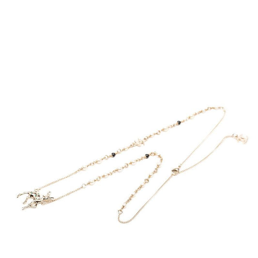 Chanel CC Logo Bambi Motif Necklace Gold Black Green Plated Faux Pearl Rhineston