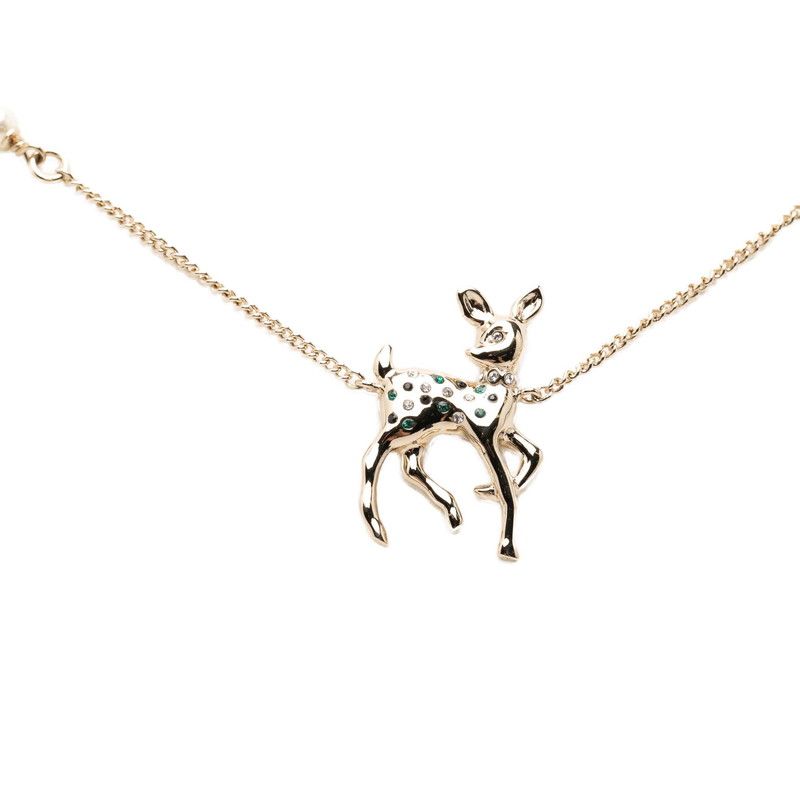Chanel CC Logo Bambi Motif Necklace Gold Black Green Plated Faux Pearl Rhineston — view 2