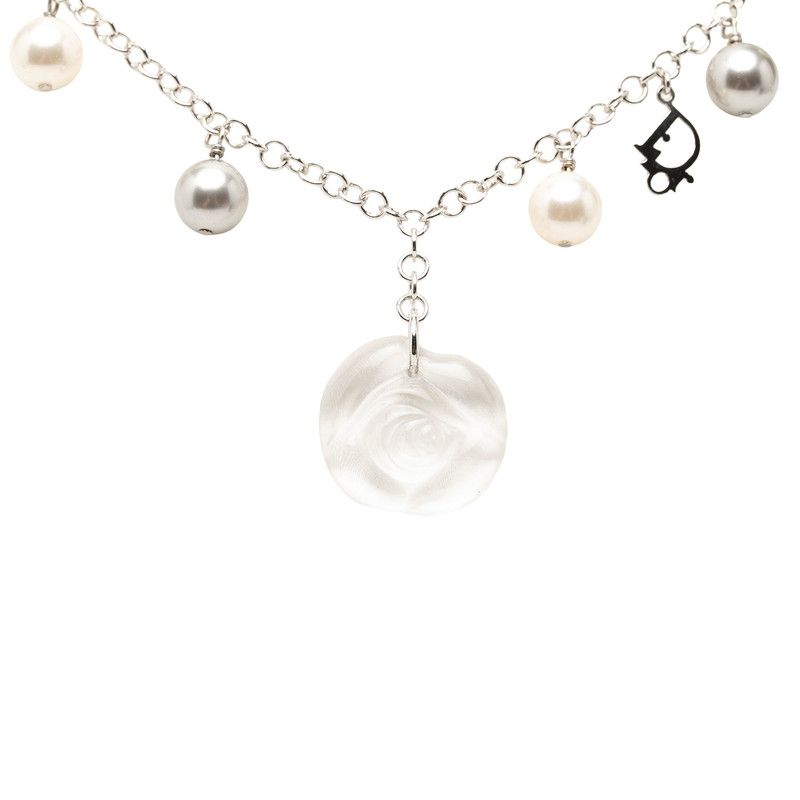 Dior Rose Flower Motif Necklace Silver Metal Plastic Faux Pearl
