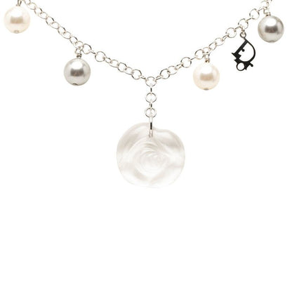 Dior Rose Flower Motif Necklace Silver Metal Plastic Faux Pearl