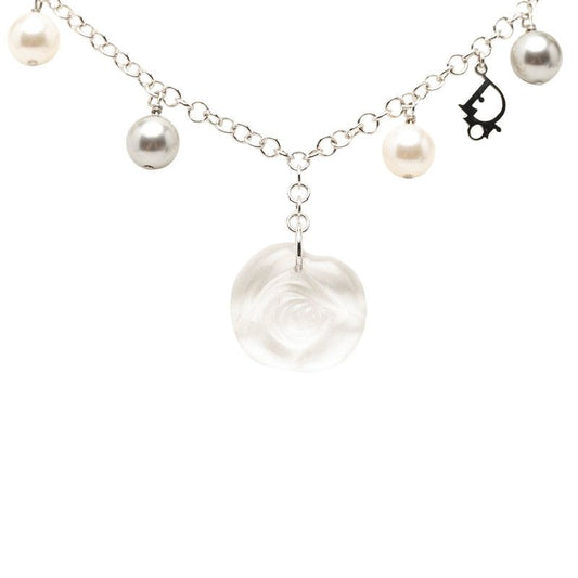 Dior Rose Flower Motif Necklace Silver Metal Plastic Faux Pearl