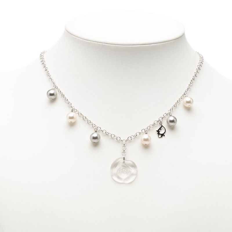Dior Rose Flower Motif Necklace Silver Metal Plastic Faux Pearl — view 6