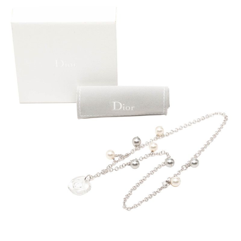 Dior Rose Flower Motif Necklace Silver Metal Plastic Faux Pearl — view 5