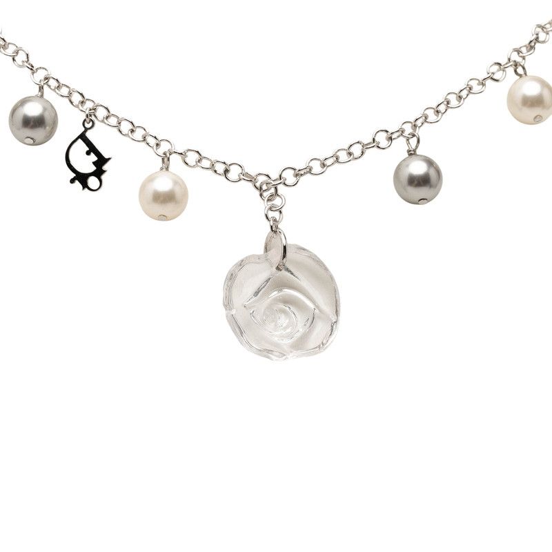 Dior Rose Flower Motif Necklace Silver Metal Plastic Faux Pearl — view 2