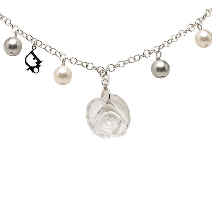 Dior Rose Flower Motif Necklace Silver Metal Plastic Faux Pearl — view 2