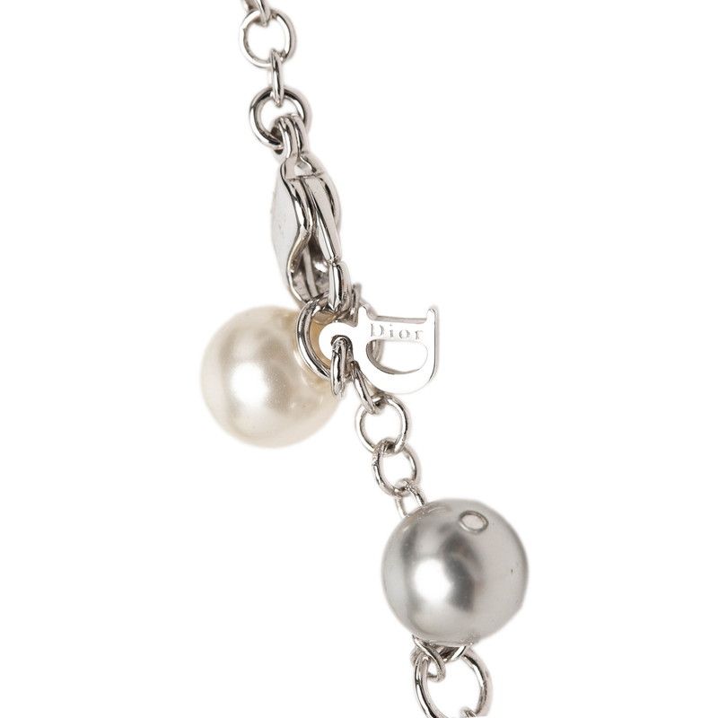 Dior Rose Flower Motif Necklace Silver Metal Plastic Faux Pearl — view 4