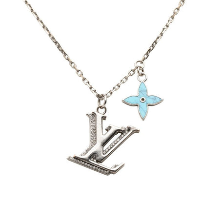 Louis Vuitton Pendant LV Initial Necklace Silver Blue Metal Rhinestone